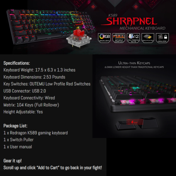 KEYBOARD REDRAGON SHRAPNEL K589RGB MECHANICAL DUST RED