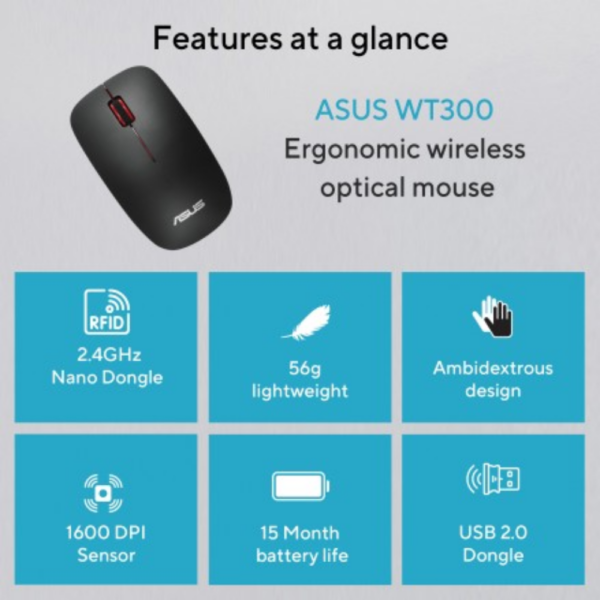 MOUSE ASUS OPTICAL WT300 WIRELESS BLACK RED
