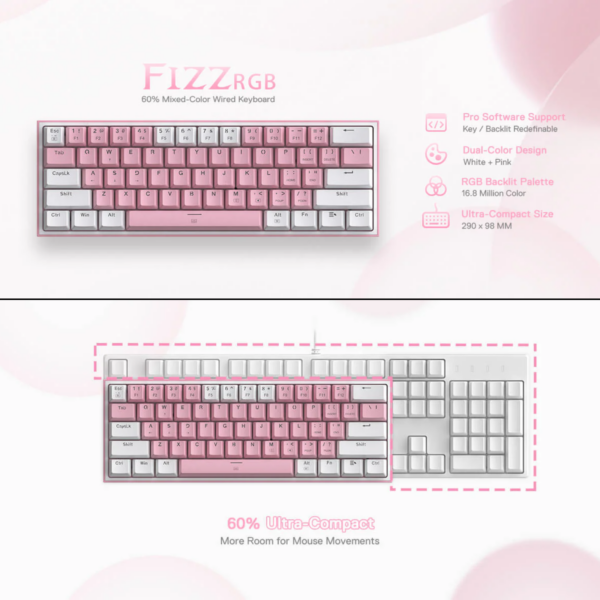 KEYBOARD REDRAGON FIZZ K617 WIRED MECH RED SWIT WHITE PINK