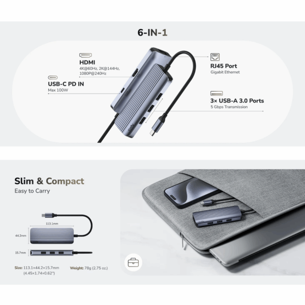HUB CUDY UH606 6-In-1 USB-C WITH GIGABIT ETHERNET PORT